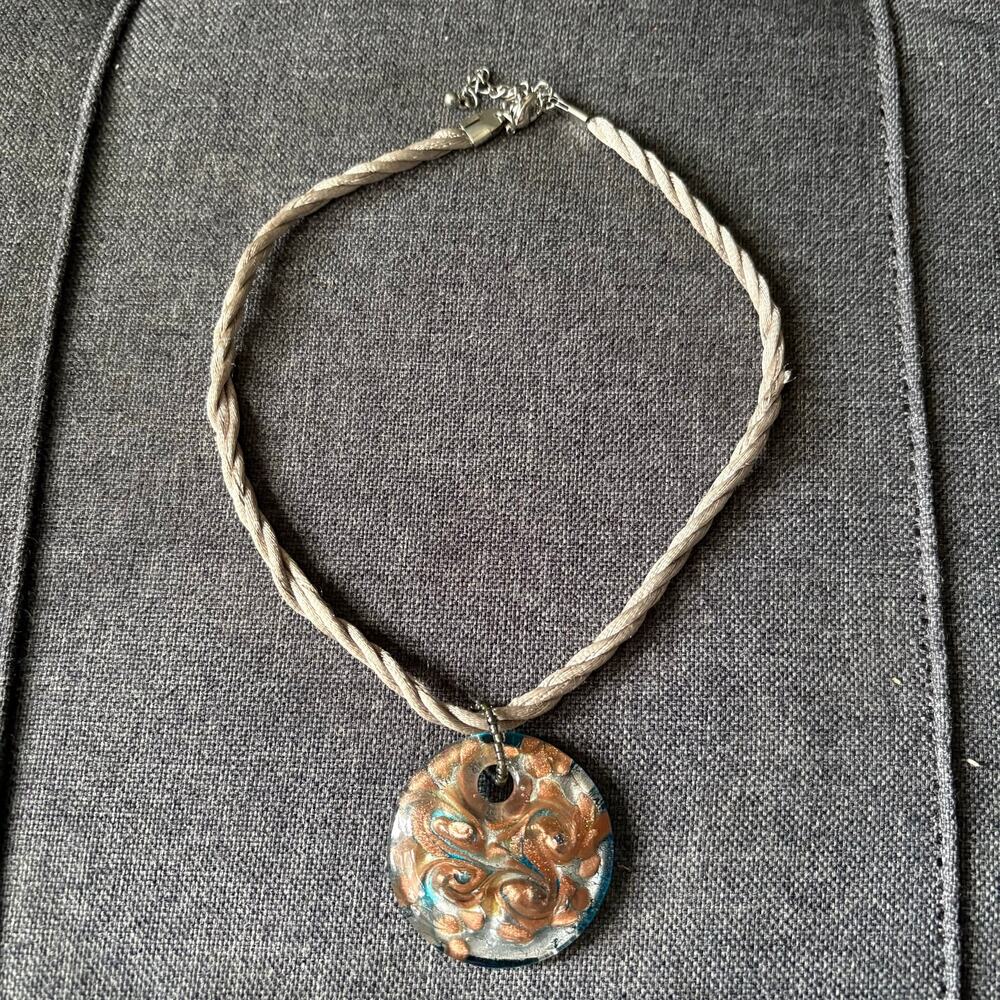 Blue Bronze Circle Pendant Fashion Necklace Silver Cord Lobster Costume Jewelry